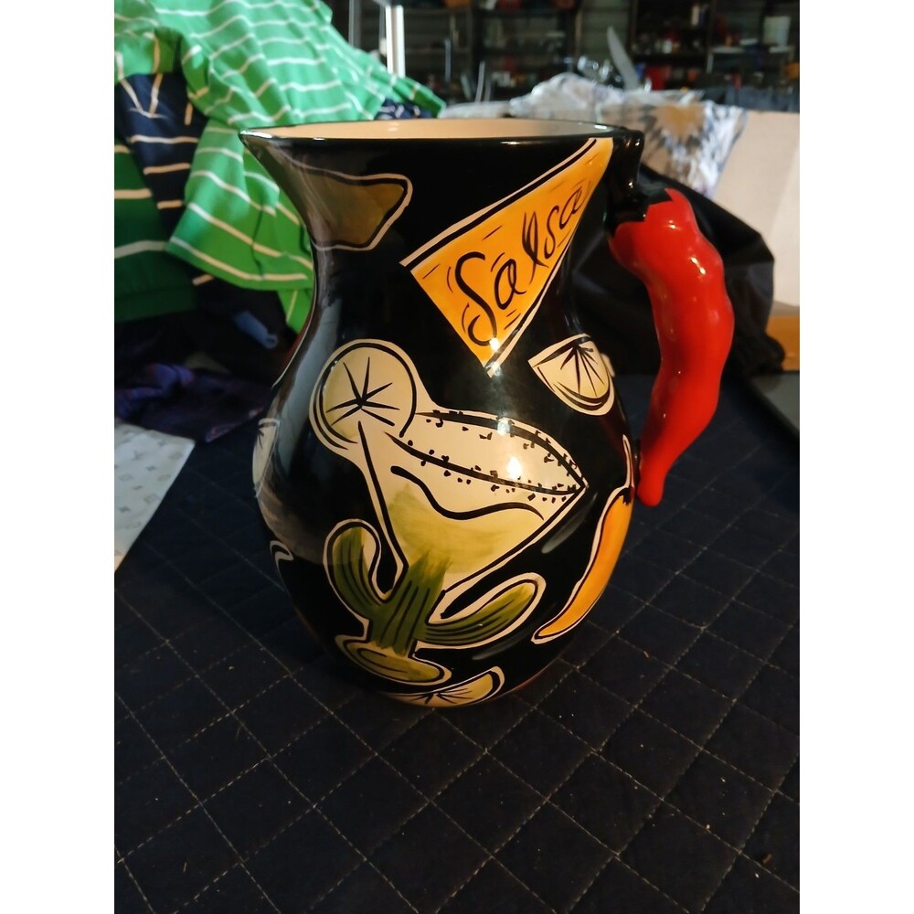 10" Clay Art Salsa Pitcher Red Chili Pepper Handle & Cactus Margarita Design